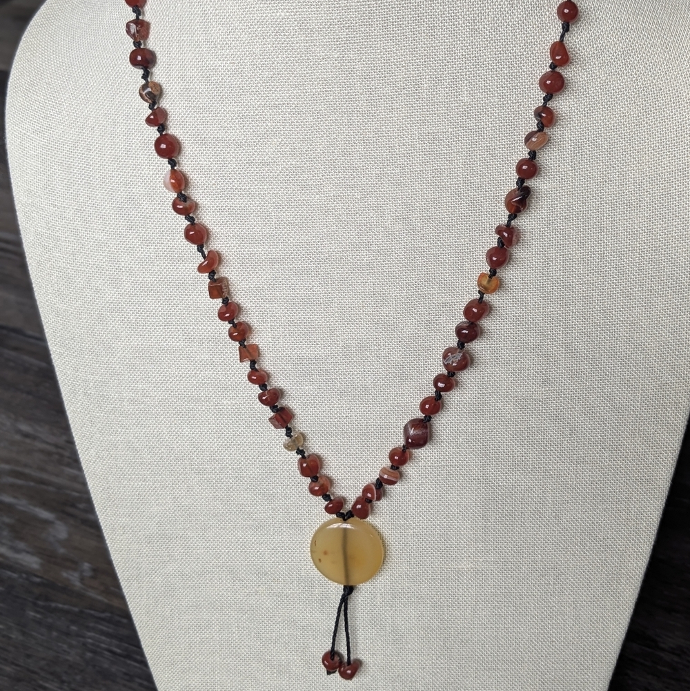 Vintage Carnelian Beaded Necklace 24” Hand Knotted Stone Necklace